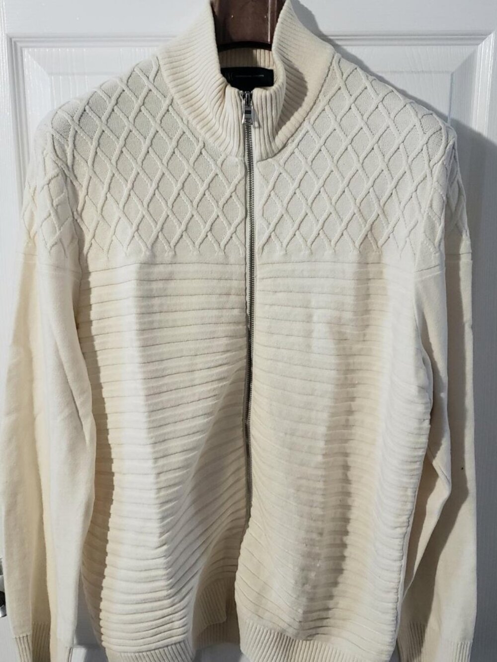 VINTAGE MENS INC CREAM CABLE KNIT FULL ZIP CREWNECK SWEATER SIZE XL
